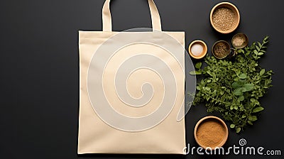 Mock-up of one empty reusable rectangular canvas bag near spices. Eco-friendly shopping bag made of natural material Stock Photo