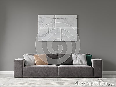 Mock up of an original living room with a stylish comfortable sofa. Stock Photo