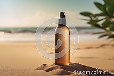 mock-up, a photo of a bottle for cosmetics in a natural location against background of a sandy beach Stock Photo