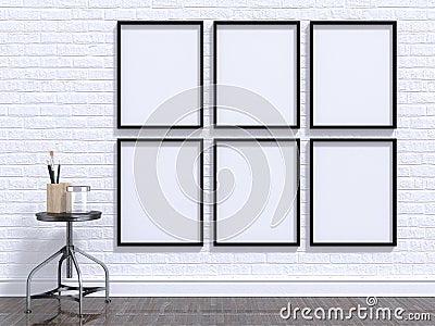 Mock up photo frame with table, floor and wall. 3D Cartoon Illustration