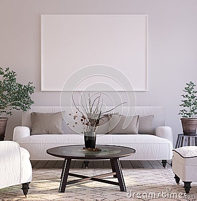 Mock-up poster background in living room interior, Scandinavian style Stock Photo