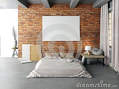 Mock up poster in bedroom interior. Bedroom hipster style. 3d il Cartoon Illustration