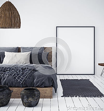 Mock up poster in bedroom interior,ethnic style Stock Photo