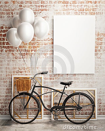 Mock up poster with bicycle and balloons in loft interior Stock Photo