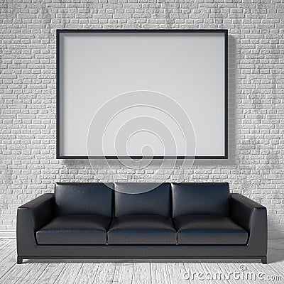 Mock up poster, black leather sofa. 3D Cartoon Illustration