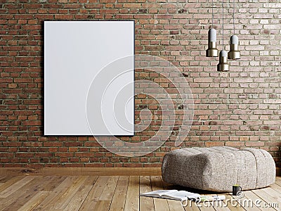 Mock up poster in a brick wall background in a loft style living room with beige fabric ottoman, stainless lamp and magazine. Stock Photo