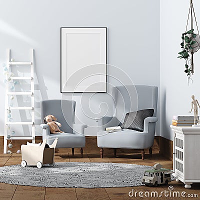 Mock up poster in children bedroom interior background, Scandinavian style Stock Photo