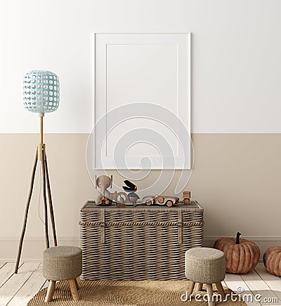 Mock up poster in children bedroom interior background, Scandinavian style Stock Photo