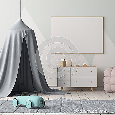 Mock up poster in the children`s bedroom with a canopy. Scandinavian style. 3d Stock Photo