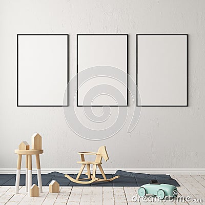Mock up poster in the children`s room. Children`s room in Scandinavian style. 3d illustration. Stock Photo