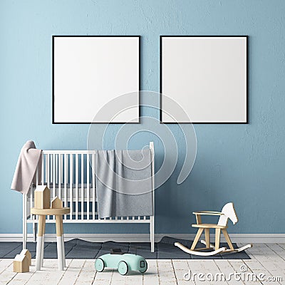 Mock up poster in the children`s room. Children`s room in Scandinavian style. 3d illustration. Stock Photo