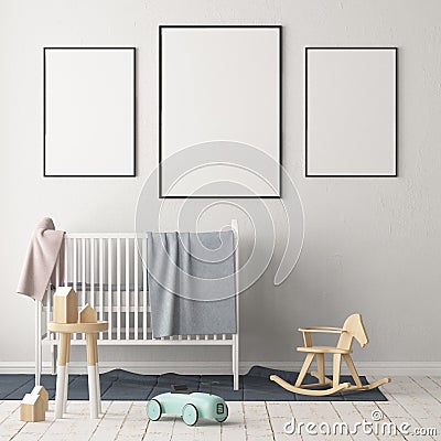 Mock up poster in the children`s room. Children`s room in Scandinavian style. 3d illustration. Stock Photo
