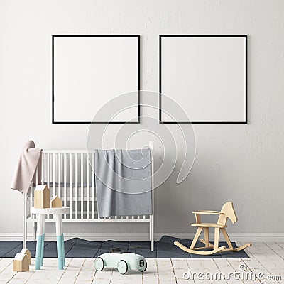 Mock up poster in the children`s room. Children`s room in Scandinavian style. 3d illustration. Stock Photo