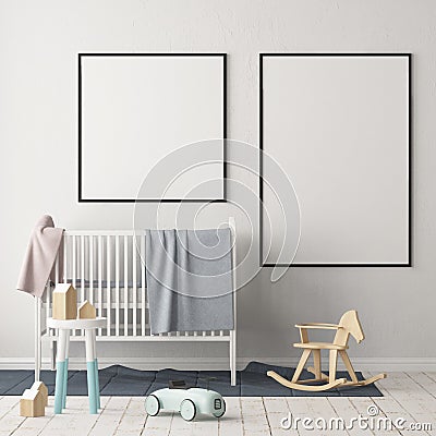 Mock up poster in the children`s room. Children`s room in Scandinavian style. 3d illustration. Stock Photo