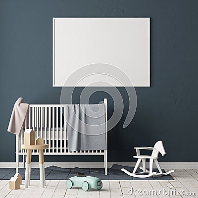 Mock up poster in the children`s room. Children`s room in Scandinavian style. 3d illustration. Stock Photo