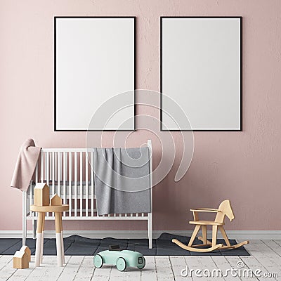 Mock up poster in the children`s room. Children`s room in Scandinavian style. 3d illustration. Stock Photo