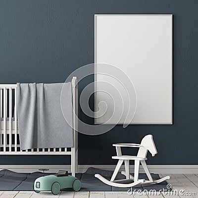 Mock up poster in the children`s room. Children`s room in Scandinavian style. 3d illustration. Stock Photo