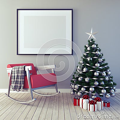 Mock up poster,Christmas decoration, new year, 3d render Cartoon Illustration