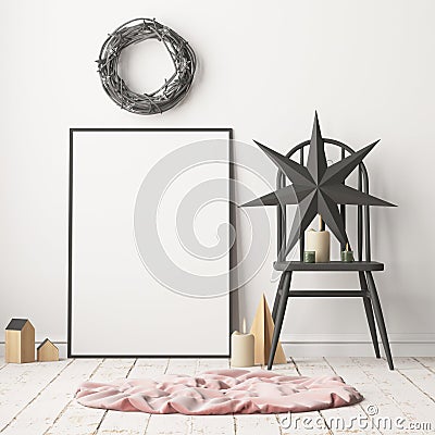 Mock up poster in the Christmas interior in Scandinavian style. 3D rendering Stock Photo