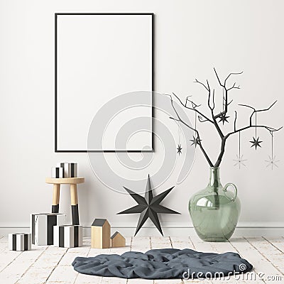 Mock up poster in the Christmas interior in Scandinavian style. 3D rendering Stock Photo