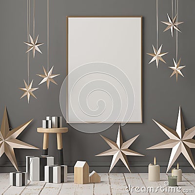 Mock up poster in the Christmas interior in Scandinavian style. 3D rendering Stock Photo