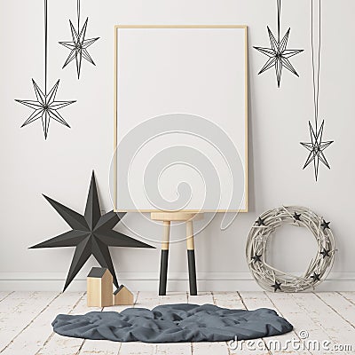 Mock up poster in the Christmas interior in Scandinavian style. 3D rendering Stock Photo
