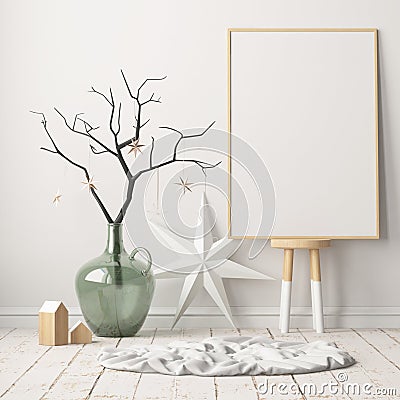 Mock up poster in the Christmas interior in Scandinavian style. 3D rendering Stock Photo