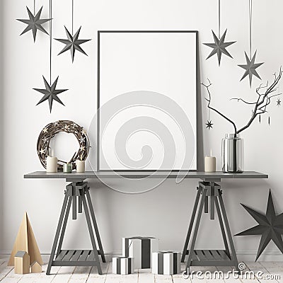 Mock up poster in the Christmas interior in Scandinavian style. 3D rendering Stock Photo