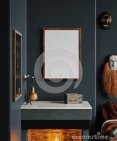 Mock up poster close up in dark home interior with fireplace Stock Photo