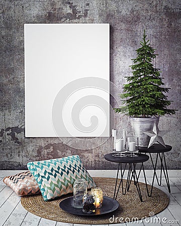 Mock up poster on the concrete wall with christamas decoration, Stock Photo