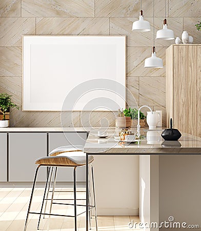 Mock up poster in cozy kitchen interior, Scandinavian style Stock Photo