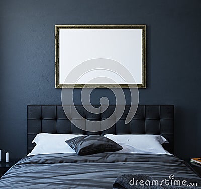 Mock-up poster in dark luxury bedroom interior, classic style Stock Photo