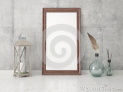 Mock up poster empty frame with a candle lamp and with a feather. Stock Photo