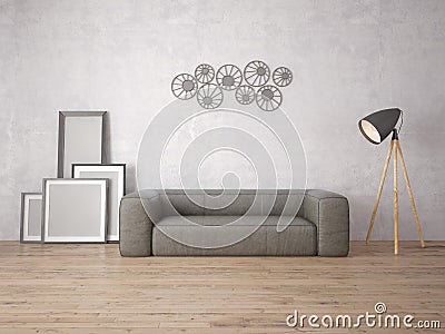 Mock up poster with empty frames and a comfortable sofa. Stock Photo