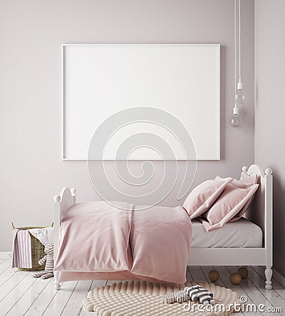 Mock up poster frame in baby girl room, scandinavian style interior background Cartoon Illustration
