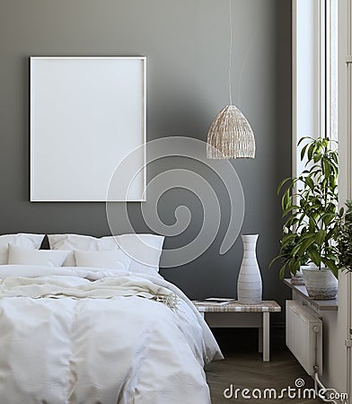 Mock-up poster frame in bedroom, Scandinavian style Stock Photo