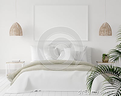 Mock-up poster frame in bedroom, Scandinavian style Stock Photo