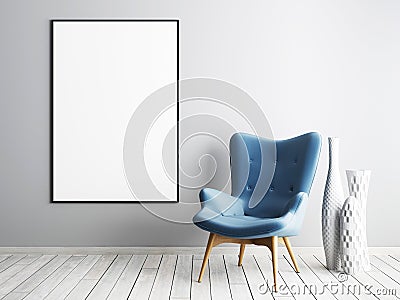 Mock up poster frame with blue armchair and metal table in simple living room interior. Stock Photo