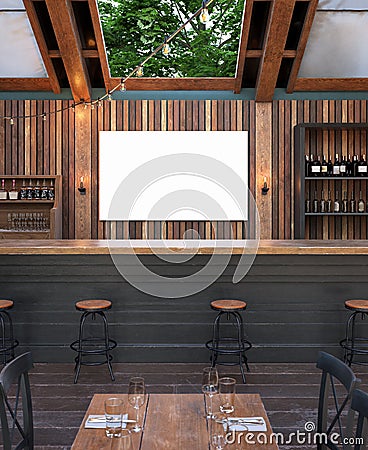 Mock up poster frame in cafe interior background, Modern outdoor bar restaurant Stock Photo