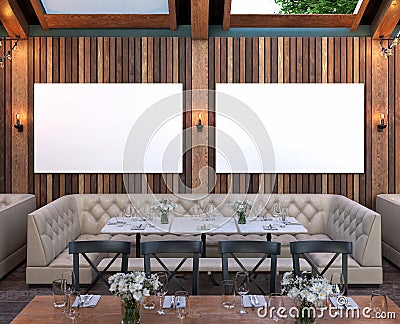 Mock up poster frame in cafe interior background, Modern outdoor bar restaurant Stock Photo