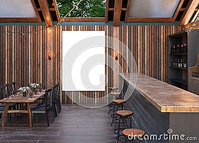 Mock up poster frame in cafe interior background, Modern outdoor bar restaurant Stock Photo