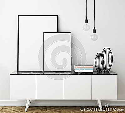 Mock up poster frame on chest of drawers, interior Stock Photo