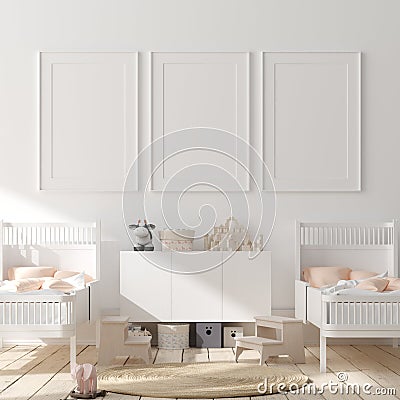 Mock up poster frame in children bedroom interior background, Scandinavian style Stock Photo
