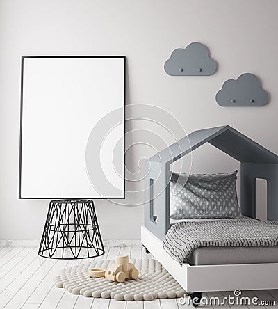 Mock up poster frame in children bedroom, scandinavian style interior background, Cartoon Illustration