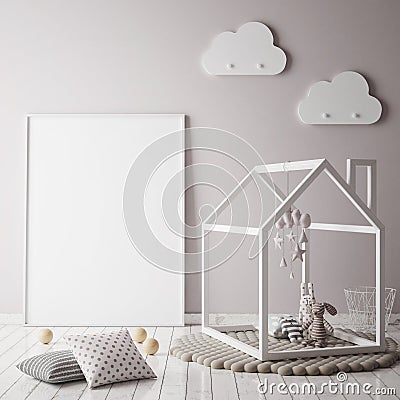 Mock up poster frame in children bedroom, scandinavian style interior background, Cartoon Illustration