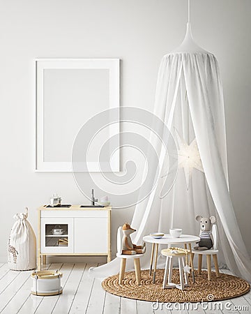 Mock up poster frame in children bedroom, Scandinavian style interior background, 3D render, 3D illustration Cartoon Illustration