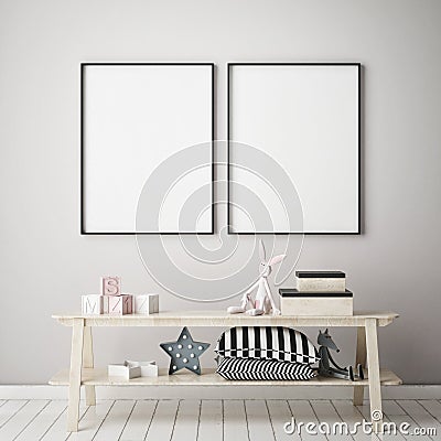 Mock up poster frame in children bedroom, scandinavian style interior background, 3D render Cartoon Illustration