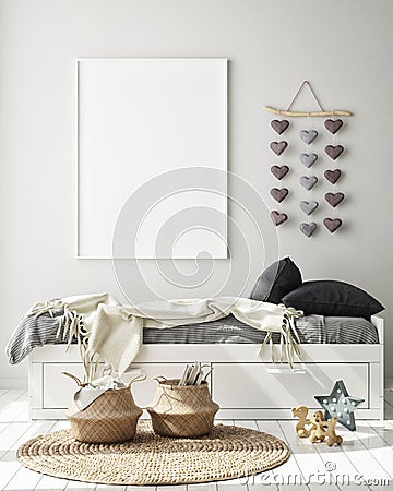 Mock up poster frame in children bedroom, Scandinavian style interior background, 3D render, 3D illustration Cartoon Illustration