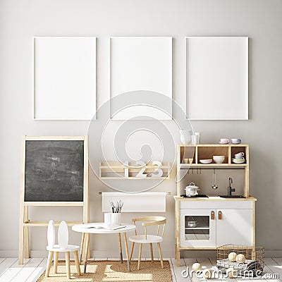Mock up poster frame in children bedroom, Scandinavian style interior background, 3D render, 3D illustration Cartoon Illustration