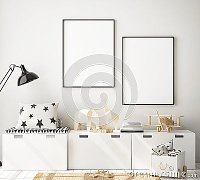 Mock up poster frame in children bedroom, Scandinavian style interior background, 3D render, 3D illustration Cartoon Illustration